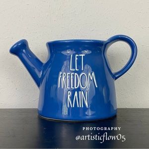 NEW! Rae Dunn Let Freedom Rain Blue Ceramic Watering Can